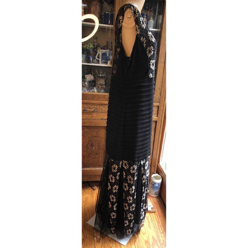 Candolite Black Gold Lace Overlay Maxi Evening Dress Trumpet Hem  Large - Picture 8 of 15